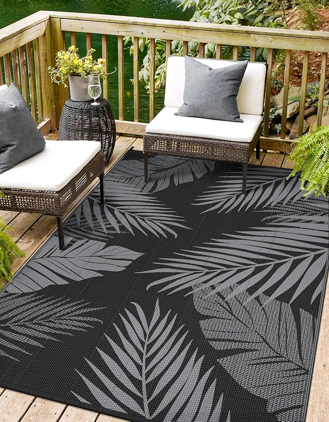 Outdoor Rug 9' x 12' for Patio Waterproof Clearance, Reversible Indoor Outdoor Plastic Straw Camping Rug Carpet, RV Mat, Large Area Rug for Deck, Backyard, Balcony, Porch, Beach, Black and Grey