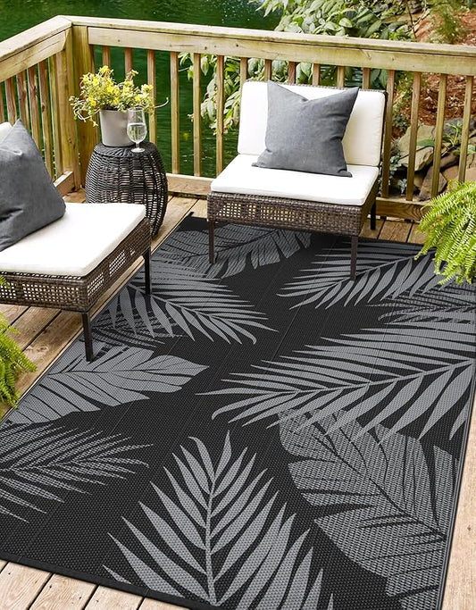 Outdoor Rug 9' x 12' for Patio Waterproof Clearance, Reversible Indoor Outdoor Plastic Straw Camping Rug Carpet, RV Mat, Large Area Rug for Deck, Backyard, Balcony, Porch, Beach, Black and Grey