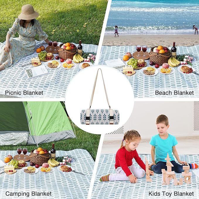 Picnic Blankets Washable | Beach Mat Sand Free Waterproof | Camping Blankets | Emergency Blankets | Picnic Baskets Accessories with Waterproof Backing and Shoulder Strap - BlueLeaf