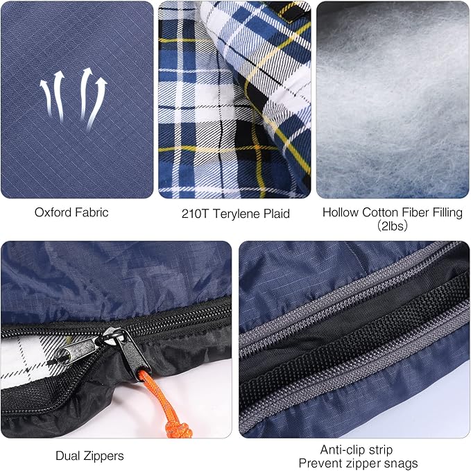 REDCAMP Flannel Sleeping Bag for Adults, Comfortable Cotton Sleeping Bags for Camping with Detachable Hood, Red/Grey/Blue