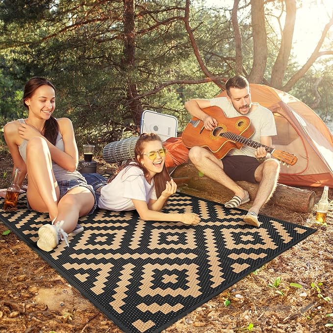 GENIMO Outdoor Rug 3'x5' Waterproof, Reversible Camping Mat, Plastic Straw Rugs for Patio, RV, Camper, Balcony, Backyard, Picnic, Deck (Black & Brown)