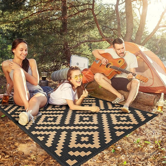 GENIMO Outdoor Rug 3'x5' Waterproof, Reversible Camping Mat, Plastic Straw Rugs for Patio, RV, Camper, Balcony, Backyard, Picnic, Deck (Black & Brown)