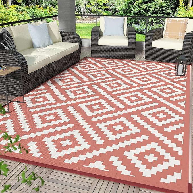 GENIMO Outdoor Rug for Patio Clearance, 6'x9' Reversible Plastic Straw Rugs, Lightweight Waterproof RV Camping Mat for Camper, Balcony, Deck, Backyard, Picnic, Brickred