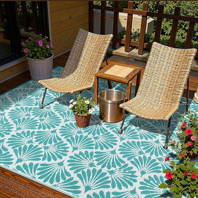 Lahome Waterproof Outdoor Rugs for Camping 6x9, Plastic Straw Lightweight Portable Reversible Rv Rug, Outdoor Carpet for Pool Beach Balcony Tent Patio Deck, Teal 6'x9'