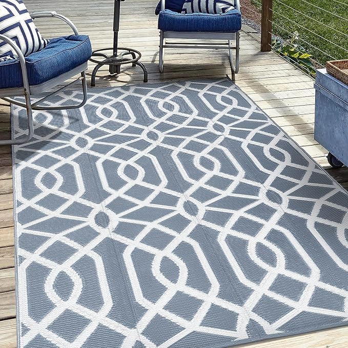 wikiwiki Outdoor Rug, 5x8ft Waterproof Reversible Mat Indoor Outdoor Rugs Carpet, Small Area Rug Plastic Straw Rug for Patio Deck Balcony Pool RV Camping Beach Picnic, Grey, Rugscape Series