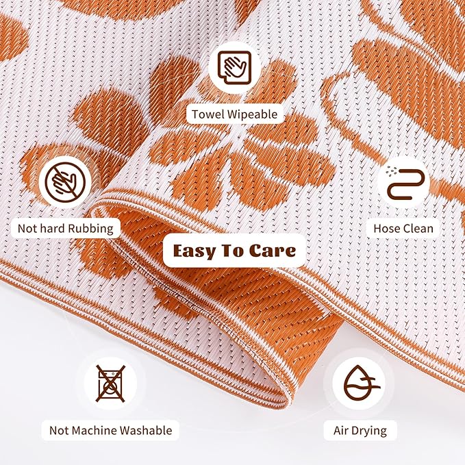 Ileading Outdoor Plastic Straw Rug 9x12ft Funny Floral Style Reversible Patio Area Rugs Waterproof Non Shedding Portable Carpets Large RV Rugs for Outside Deck Pool Beach Picnic Camping (Orange)