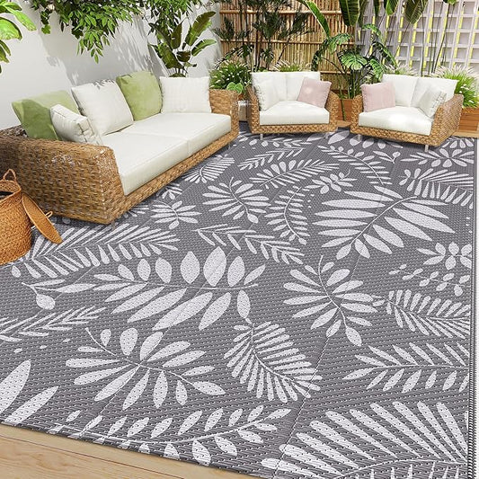 StepRite Outdoor Rug, Patio Rug, Plastic Straw Camping Rugs, Large Waterproof Area Rug and Mat for Outdoors, RV, Patio, Backyard, Deck, Porch, Beach, Balcony, (8'x 10', White&Gray)