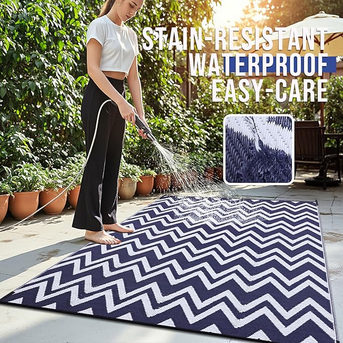 OLANLY Waterproof Outdoor Rug 9x12 ft Clearance, Reversible Outdoor Plastic Straw Rug, RV Mat, Indoor Outdoor Carpet for Patio, Camping, Balcony, Deck, Backyard, Navy & White
