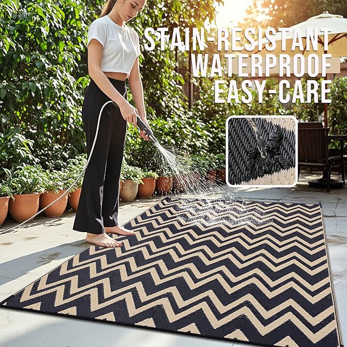 OLANLY Waterproof Outdoor Rug 9x12 ft Clearance, Reversible Outdoor Plastic Straw Rug, RV Mat, Indoor Outdoor Carpet for Patio, Camping, Balcony, Deck, Backyard, Black & Beige