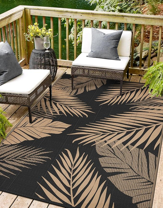 Outdoor Rug 9' x 12' for Patio Waterproof Clearance, Reversible Indoor Outdoor Plastic Straw Camping Rug Carpet, RV Mat, Large Area Rug for Deck, Backyard, Balcony, Porch, Beach,Black and Brown