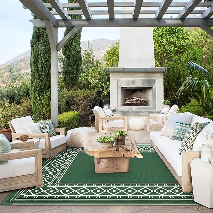 GENIMO Outdoor Rug Waterproof 6'x9' for Patio, Foldable Reversible Plastic Straw Carpet for Travel Trailers, Outside Area Mat for Rv, Deck, Picnic, Porch, Camper, Balcony, Beach, Green & Yellow