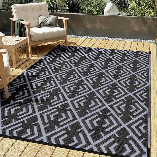 Outdoor Plastic Straw Rug, Waterproof Outdoor Rugs for Patios Clearance, Reversible Area Rug, Large Outside Carpet for Camping, Balcony, RV, Deck, Picnic, Beach (5x8ft Boho/Black&Grey)
