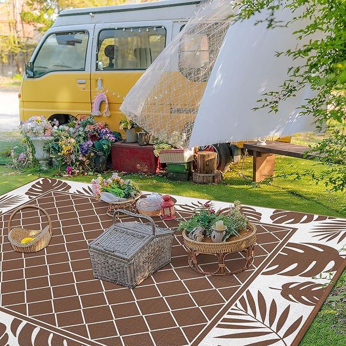 Ileading Outdoor Rug Carpet for Patio 8'x10' Waterproof Reversible Plastic Straw Rug Portable Outside Area Rug Camping Mat for Patio, Clearance, Balcony, Picnic, Pool, Beach, RV, Deck, Brown