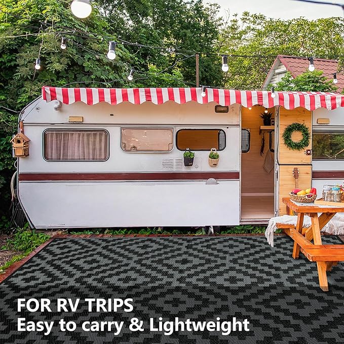 Outdoor Patio Plastic Straw Rug - 9'x18' Outdoor Camping Rug Waterproof Reversible, Area Carpet Patios Clearance RV, Outside Porch Balcony Deck for Camper, Black & Grey