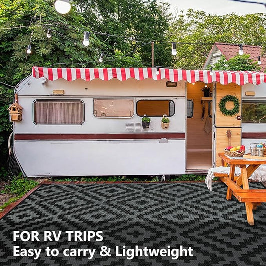 Outdoor Patio Plastic Straw Rug - 9'x18' Outdoor Camping Rug Waterproof Reversible, Area Carpet Patios Clearance RV, Outside Porch Balcony Deck for Camper, Black & Grey