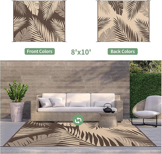 GENIMO Outdoor Rug 8' x 10' Waterproof for Patios Clearance, Reversible Outdoor Plastic Straw Camping Rug Carpet, Large Area Rugs Mats for RV, Camper, Deck, Balcony, Porch, Beach, Picnic, Coffee&Beige