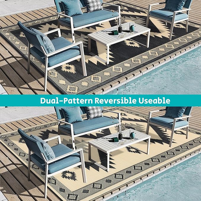 HEBE Outdoor Rug 9'x12' for Patios Clearance Waterproof Patio Mat Plastic Straw Rug Reversible RV Camping Tent Rug Outside Indoor Outdoor Area Rugs for RV,Deck,Beach,Balcony,Camper