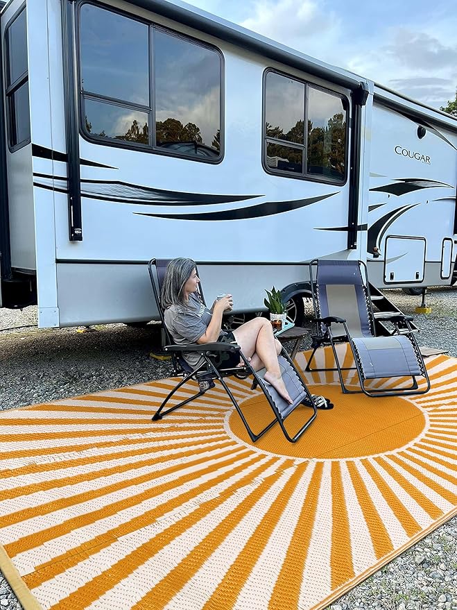 Wonnitar Outdoor Rug 8x10 Patio Waterproof Rugs - Large Reversible Plastic Straw Rug, Portable Outside Camping Mat for RV Deck, Lightweight Outdoor Carpet for Beach Garden (Orange, 8'x10')