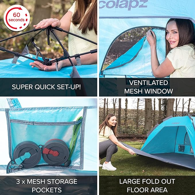 Colapz Beach Tent Pop Up Shade. Luxury Holiday Shade SPF50+ Easy to Use Pop Up Beach Tent. Portable & Lightweight Cabana. Wind & Sun Shelter