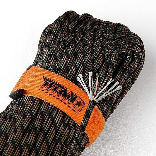 TITAN Survival Patented Paracord 550 - 25ft, 100ft, 500ft & Color Options - 620LB Strength Survival Paracord Military Spec with 3 Strands - Heavy Duty Hank Cord for Camping & Outdoors with Firestarter
