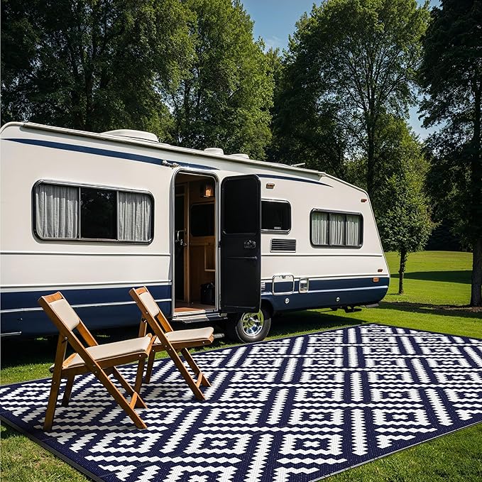 GENIMO Outdoor Rugs 8x10 Waterproof, Reversible Mats, Area Plastic Straw Rug, Outside Carpet, Geometric Rv Mat for Patio Camping Rv Picnic Backyard Deck Balcony Porch Beach Trailer (Navy Blue & White)