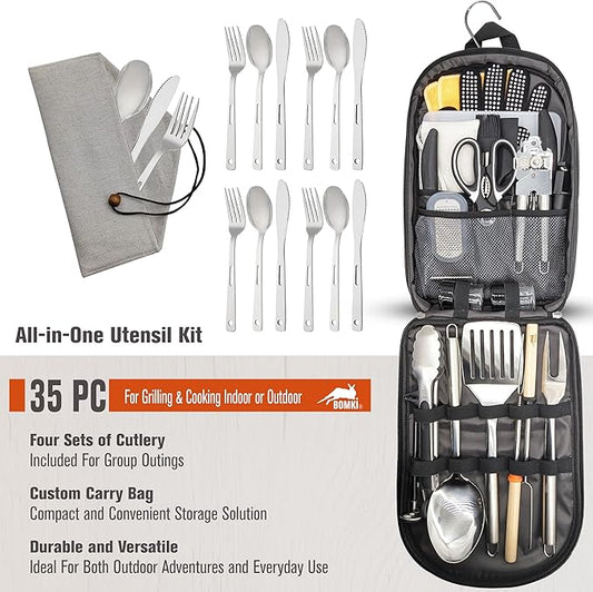 BOMKI Grilling and Camping Cooking Utensils Set for The Outdoors BBQ - Camping Utensil Set Camping Kitchen Set Cookware Accessories Camping Essentials Camping Stuff Camp Cooking Set (Black Pro)