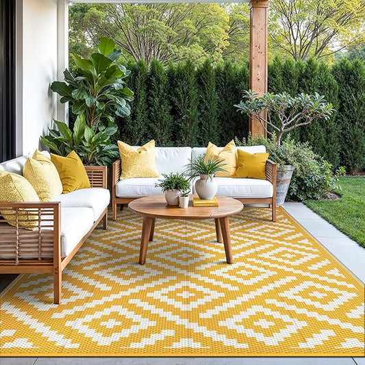 GENIMO Outdoor Rug for Patio Clearance, 6'x9' Reversible Plastic Straw Rugs, Lightweight Waterproof RV Camping Mat for Camper, Balcony, Deck, Backyard, Picnic, Yellow & Beigewhite