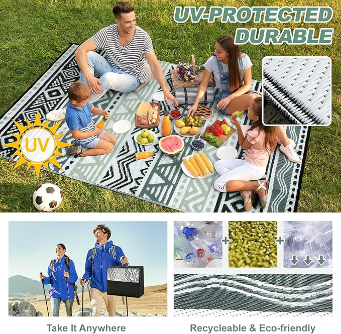 Lahome Outdoor Rug 8x10 Patio Waterproof, Reversible Outdoor Plastic Straw Rug for Camping, RV Patio Rugs Outside Large Carpet for Porch Deck Backyard Picnic(Grey/Black,8'x 10')