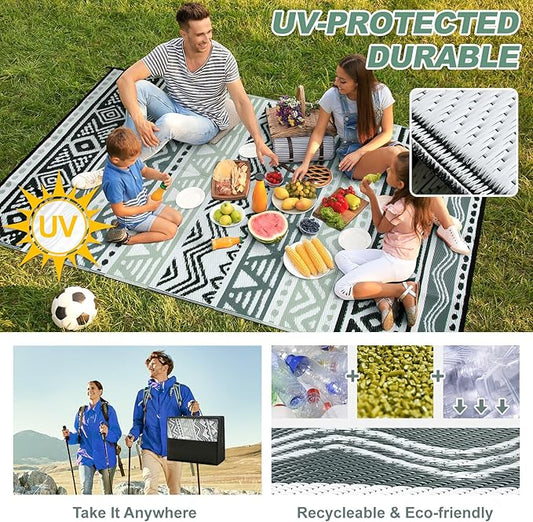Lahome Outdoor Rug 8x10 Patio Waterproof, Reversible Outdoor Plastic Straw Rug for Camping, RV Patio Rugs Outside Large Carpet for Porch Deck Backyard Picnic(Grey/Black,8'x 10')