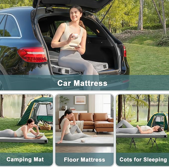 Memory Foam Camping Mattress Pad, CertiPUR-US Waterproof Portable Roll Up Mattress for Adults, Thick Floor Sleeping Mat Pad for Car Truck Tent with Travel Bag