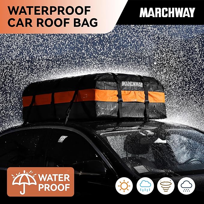MARCHWAY Waterproof Car Roof Luggage Bag, Weatherproof Soft Shell Rooftop Cargo Carrier Bag for Vehicles with or Without Rack. 6 Door Hooks, Anti Slip Mat, Lock Included (15 Cubic Feet, Orange)