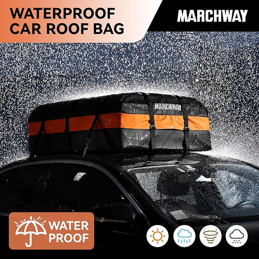 MARCHWAY Waterproof Car Roof Luggage Bag, Weatherproof Soft Shell Rooftop Cargo Carrier Bag for Vehicles with or Without Rack. 6 Door Hooks, Anti Slip Mat, Lock Included (15 Cubic Feet, Orange)
