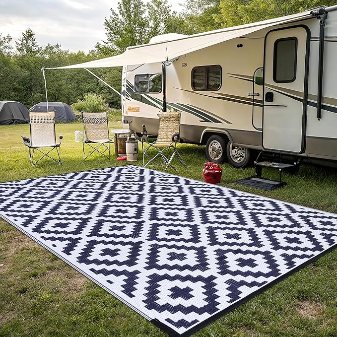 Smiry Waterproof Outdoor Rug 8x10 ft, Reversible Plastic Straw Patio Camping Rugs, Outdoor Indoor RV Mat Carpet for Patio, Outside Entry, Backyard, Deck, Bench, Picnic, Camper, White & Navy