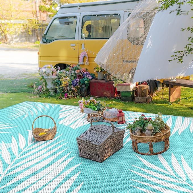 GENIMO Outdoor Rug 10' x 14' Waterproof for Patios Clearance, Reversible Outdoor Plastic Straw Camping Rug Carpet, Large Area Rugs Mats for RV, Camper, Deck, Balcony, Porch, Beach, Aqua Blue&White