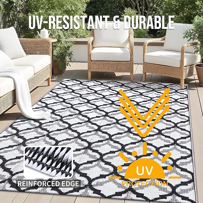 OLANLY Reversible Outdoor Rug 5x8 ft Clearance, Waterproof Outdoor Plastic Straw Rug with Interlacing Pattern, RV Mat for Patio, Camping, Balcony, Deck, Backyard, Black & White