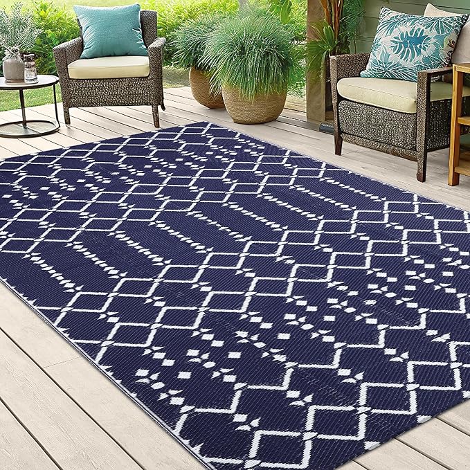Smiry Outdoor Rug 5x8 ft, Waterproof Reversible Plastic Straw Rugs, Boho Outdoor Area Rug, Outside Floor Mat for Patio, Backyard, Deck, Picnic, Beach, Camping, Navy