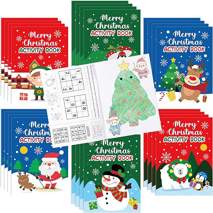 Christmas Activity Books for Kids - 24Pcs Merry Christmas Mini Games Coloring Book Set Bulk Mazes Word Search Word Scramble Games for Xmas Stockings Goodie Bags Stuffer Filler Holiday Party Supplies
