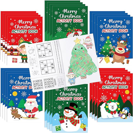 Christmas Activity Books for Kids - 24Pcs Merry Christmas Mini Games Coloring Book Set Bulk Mazes Word Search Word Scramble Games for Xmas Stockings Goodie Bags Stuffer Filler Holiday Party Supplies