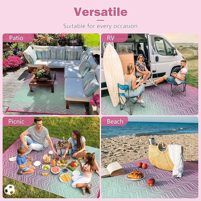 Lahome Outdoor Rugs 8x10 Waterproof, Reversible Plastic Large Outdoor Rug for Patios, Outside RV Mat Carpet for Patio Deck Porch Backyard Balcony Picnic Trailer(Pink/Green, 8' x 10')