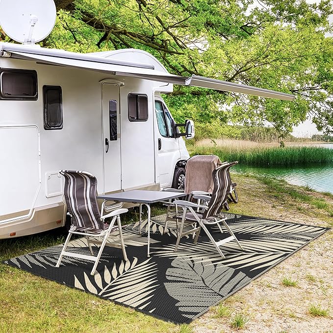 GENIMO Outdoor Rug 4' x 6' Waterproof for Patios Clearance, Reversible Outdoor Plastic Straw Camping Rug Carpet, Large Area Rugs Mats for RV, Camper, Deck, Balcony, Porch, Beach, Picnic, Black&Beige