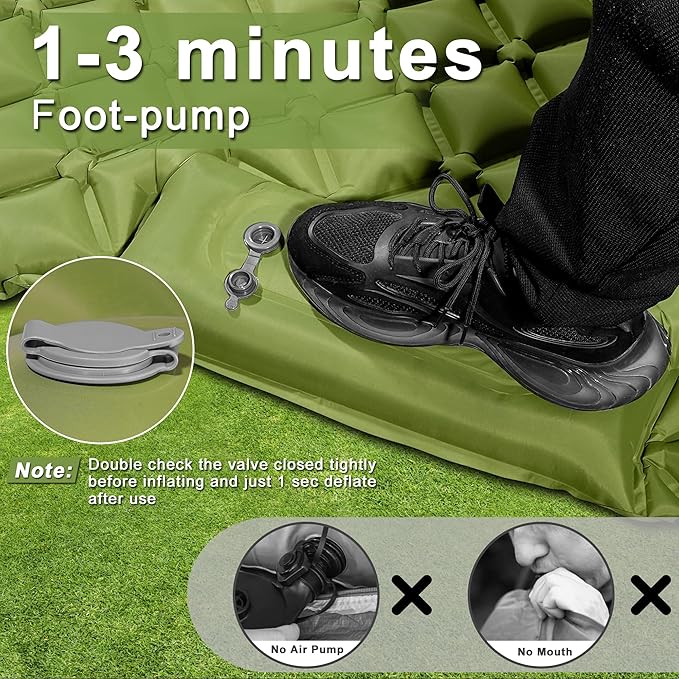 Double Camping Pads for Sleeping, Ultralight Floor Mattresses for Sleeping with Built-in Pillow Foot Pump, Mattress Foldable for Tent, Backpacking, Hiking, Car Traveling, Army Green