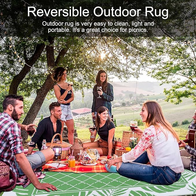 Ileading Outdoor Rug Carpet for Patio 6' x9' Waterproof Reversible Plastic Straw Rug Portable Outside Area Rug Camping Mat for Patio, Clearance, Balcony, Picnic, Pool, Beach, RV, Deck, Leaf Green