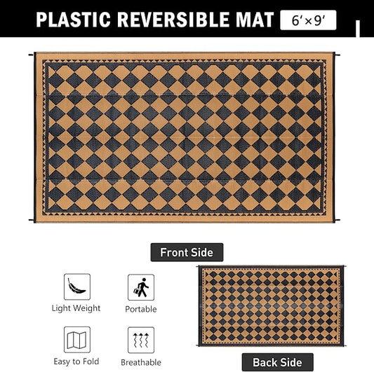 Outdoor Waterproof Rug 6'x9' Plastic Straw Rugs Washable Reversible Floor Mat Brown Plaid Carpet for Camping RV Deck Entryance Porch Picnic Balcony Beach Backyard