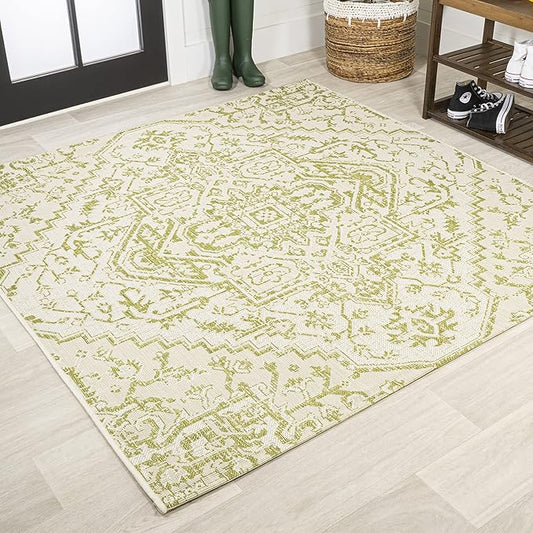 JONATHAN Y SMB105E-5SQ Estrella Bohemian Medallion Textured Weave Indoor Outdoor Area Rug, Coastal,Traditional,Transitional Easy Clean,Bedroom,Kitchen,Backyard,Patio, Non-Shed, Cream/Green, 5' Square