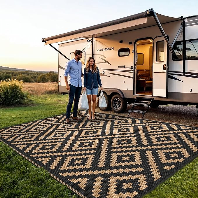 Outdoor Rug for Patio - Waterproof Plastic Straw Camping Rugs 4x6 ft, Reversible Outdoor Indoor RV Mat Carpet for Patio, Porch, Deck, Balcony, Picnic, Beach, Black Brown
