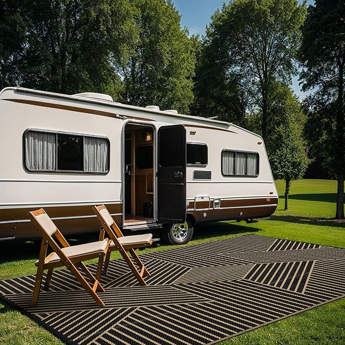 GENIMO Outdoor Rug 6'x9' for Patio Waterproof Clearance, Reversible Outdoor Plastic Straw Rug, Lightweight Carpet Camping Mat for Rv, Camper, Picnic, Balcony, Backyard, Deck, Porch, Black & Brown