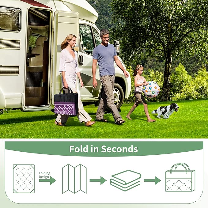 GENIMO Outdoor Rug Waterproof 6'x9' for Patio, Foldable Reversible Plastic Straw Carpet for Travel Trailers, Outside Area Mat for Rv, Deck, Picnic, Porch, Camper, Balcony, Beach, Purple & Grey