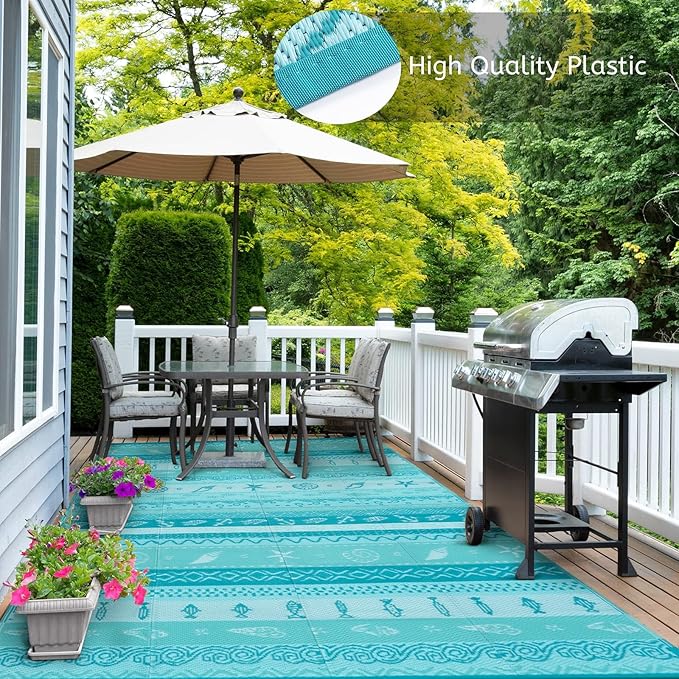 Lahome Outdoor Rug Waterproof, 5x8ft Reversible Outdoor Plastic Straw Rug for Camping, RV Patio Rugs Outside Carpet for Porch Deck Backyard Balcony Picnic(Blue/Multi,5'x 8')