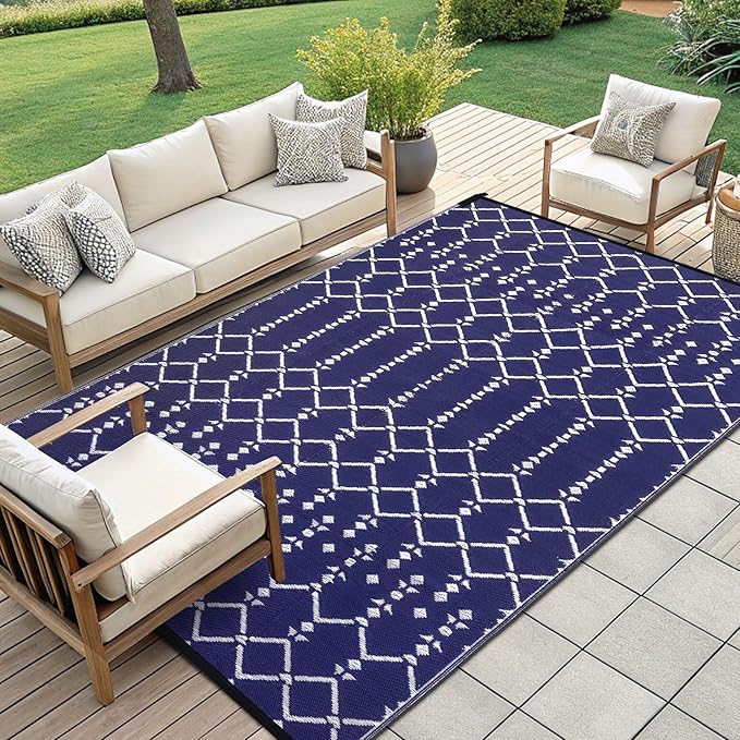 Smiry Outdoor Rug 9x12 ft, Waterproof Reversible Plastic Straw Rugs, Boho Outdoor Area Rug, Outside Floor Mat for Patio, Backyard, Deck, Picnic, Beach, Camping, Navy