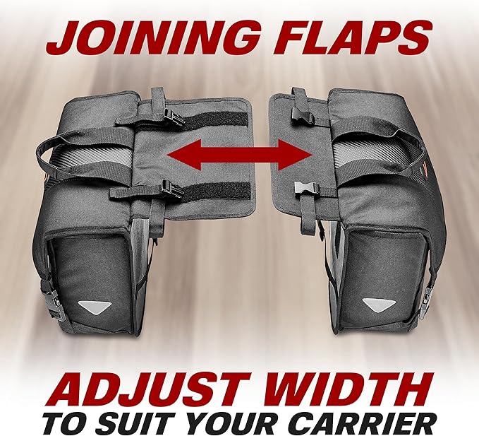 Ibera Adjustable Bicycle Bag (Pair) with Quick Release/Clip-On System - Water Resistant Bike Saddle Bags For Rear Rack with & 19.8 lbs Capacity Each - Saddle Bag Bicycle Fits Most Racks (Black)